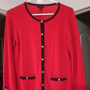 Cute as a button red cardigan with pearl buttons from Talbots Petites